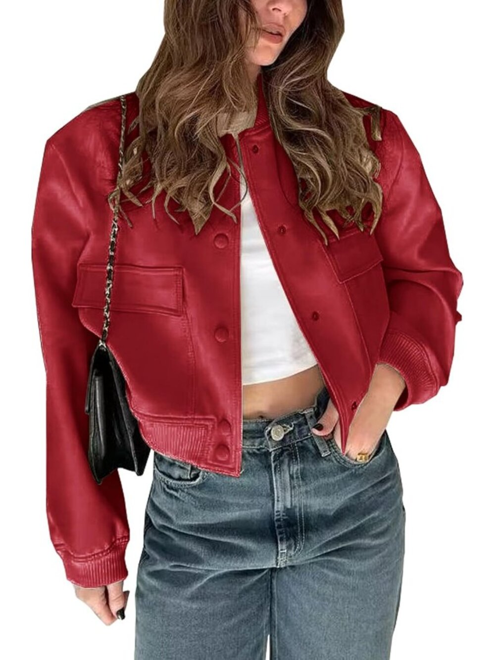 Women's Red Cropped Button Down Pockets Modern Bomber Varsity Jacket Shacket
